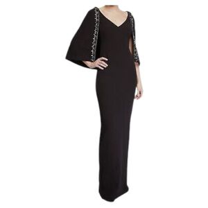 Badgley Mischka Women's Black V-Neck Cape  Beaded Trim Gown Dress Size 8